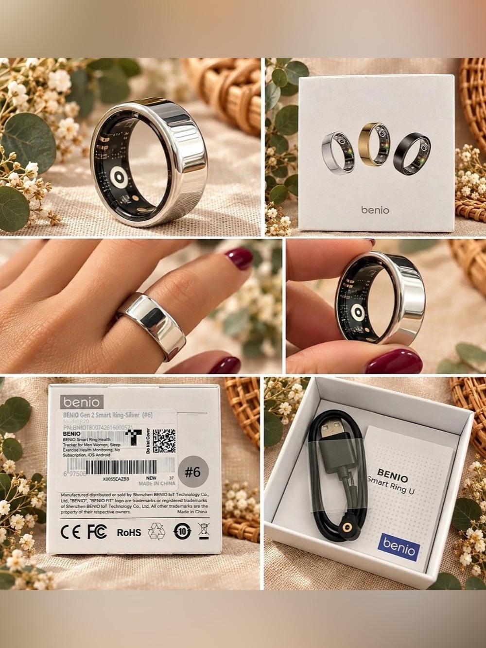 benio Gen 2 Smart Ring Smart Ring in Silver & Black US 6 New